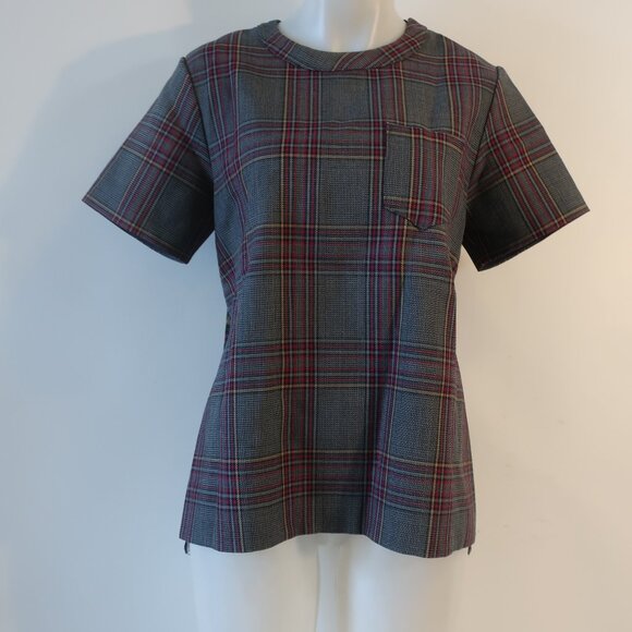 Sacai Tops - Women Sacai Black Gray Burgundy Plaid Short Sleeve Pleated Top Blouse M